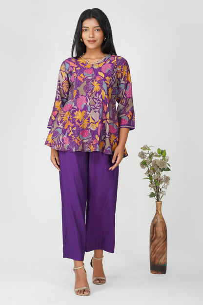 Kali Co-ord Set – Purple Print Tunic with Zari Lace & Flared Silk Pants