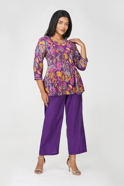 Kali Co-ord Set – Purple Print Tunic with Zari Lace & Flared Silk Pants