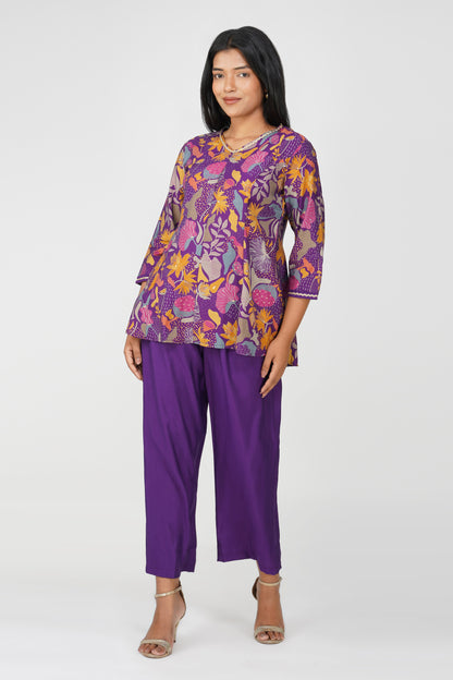 Kali Co-ord Set – Purple Print Tunic with Zari Lace & Flared Silk Pants