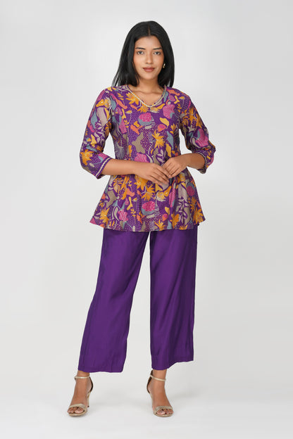 Kali Co-ord Set – Purple Print Tunic with Zari Lace & Flared Silk Pants
