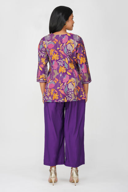 Kali Co-ord Set – Purple Print Tunic with Zari Lace & Flared Silk Pants