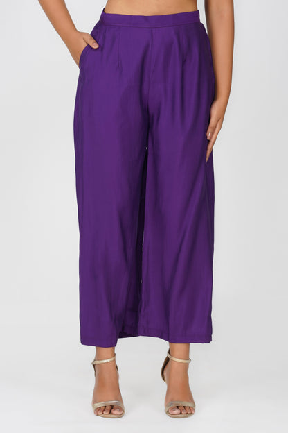 Kali Co-ord Set – Purple Print Tunic with Zari Lace & Flared Silk Pants