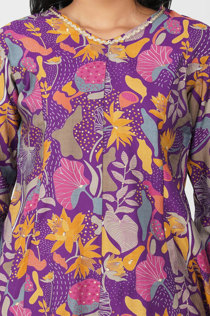 Kali Co-ord Set – Purple Print Tunic with Zari Lace & Flared Silk Pants