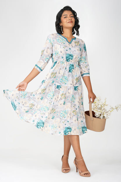 Eva Hydrangea Cotton Printed Gathered Tiered Midi Dress