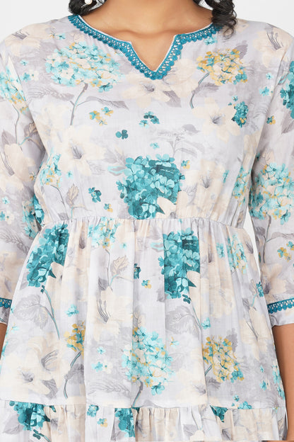 Eva Hydrangea Cotton Printed Gathered Tiered Midi Dress