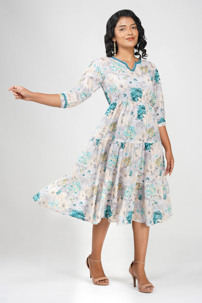 Eva Hydrangea Cotton Printed Gathered Tiered Midi Dress