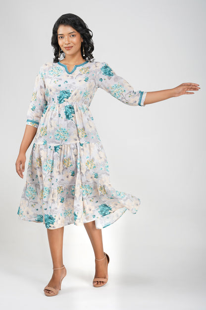 Eva Hydrangea Cotton Printed Gathered Tiered Midi Dress