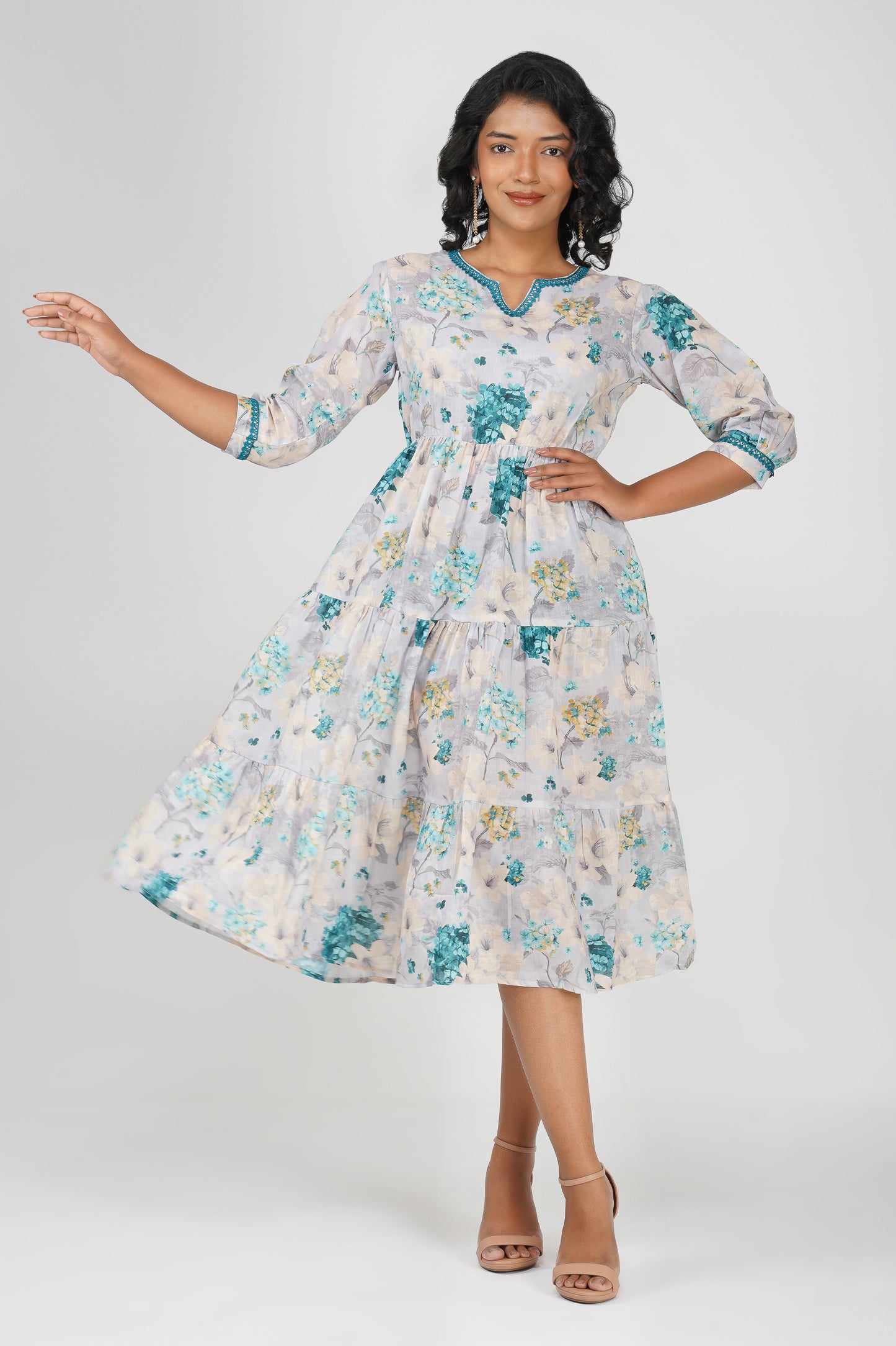 Eva Hydrangea Cotton Printed Gathered Tiered Midi Dress