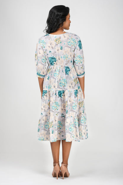 Eva Hydrangea Cotton Printed Gathered Tiered Midi Dress