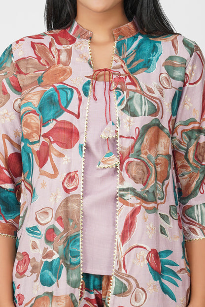 Maahi Co-ord Set – Lilac Floral Jacket, Solid Inner & Printed Palazzos (3-Piece Set)