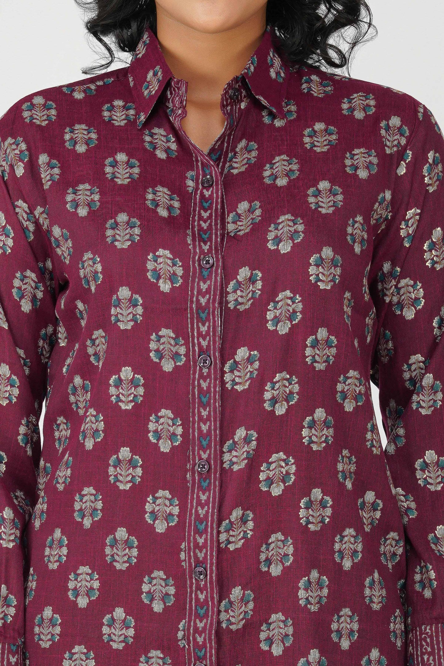 Block Print for Beach Shirt – Wine Linen Blend with Contrast Details