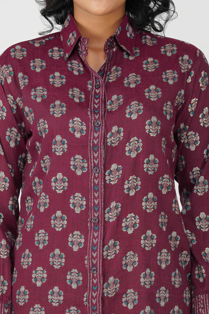 Block Print for Beach Shirt – Wine Linen Blend with Contrast Details