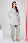 Grey Handloom Kurta Set – Beaded Neckline with Afghani Pants