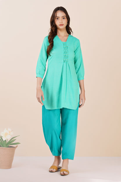 Green Handloom Kurta Set – Beaded Neckline with Afghani Pants