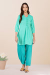 Green Handloom Kurta Set – Beaded Neckline with Afghani Pants