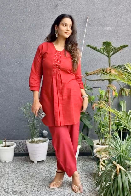 Maroon Handloom Kurta Set – Beaded Neckline with Afghani Pants