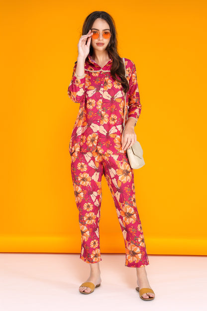 Wine Floral Shirt Co-ord Set – Bold Print Top & Relaxed Pants