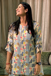 Grey Abstract Co-ord Set – Round Neck Tunic with Printed Straight Pants