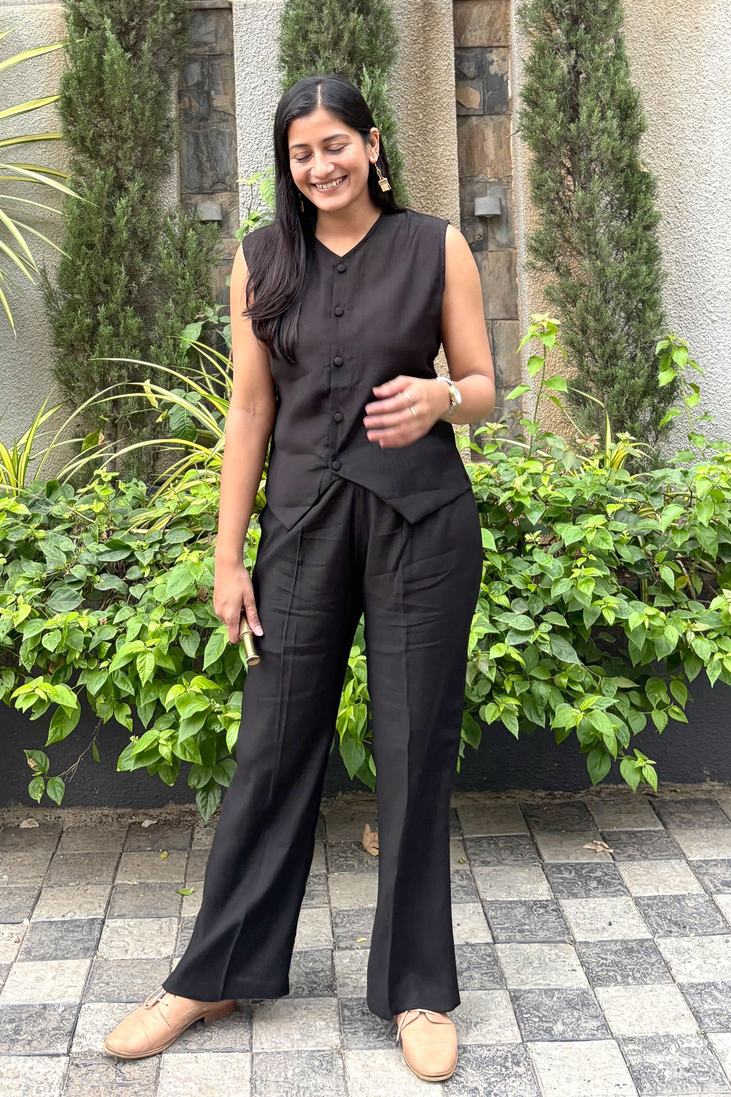 Karma Vest Co-ord Set – Black Silk Linen Western Casual Wear | Bindigasm