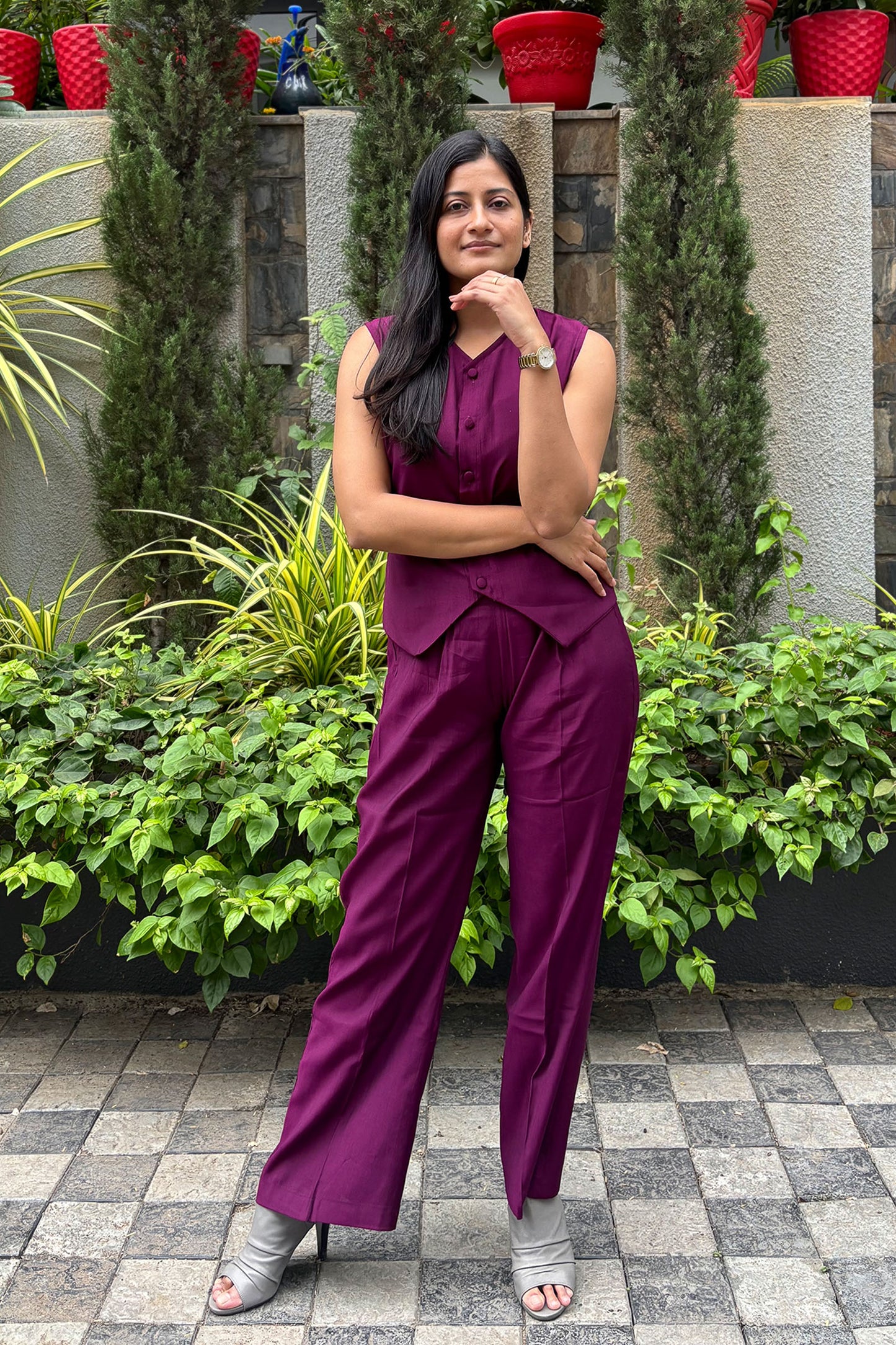 Karma Vest Co-ord Set – Purple Silk Linen Western Casual Wear | Bindigasm