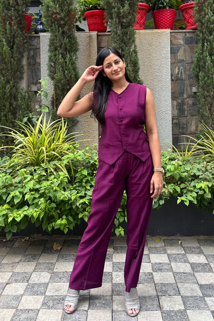 Karma Vest Co-ord Set – Purple Silk Linen Western Casual Wear | Bindigasm