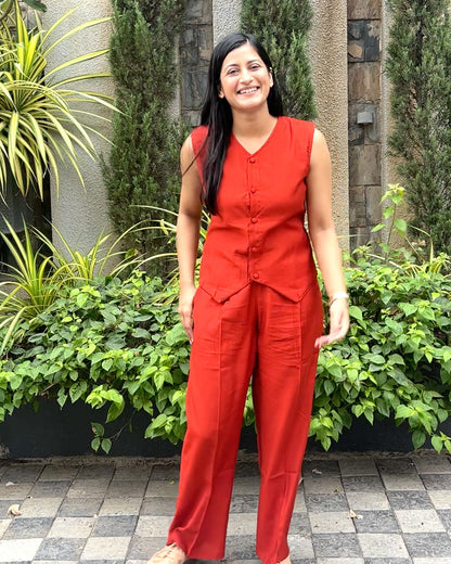Karma Vest Co-ord Set – Rust Orange Silk Linen Western Casual Wear | Bindigasm