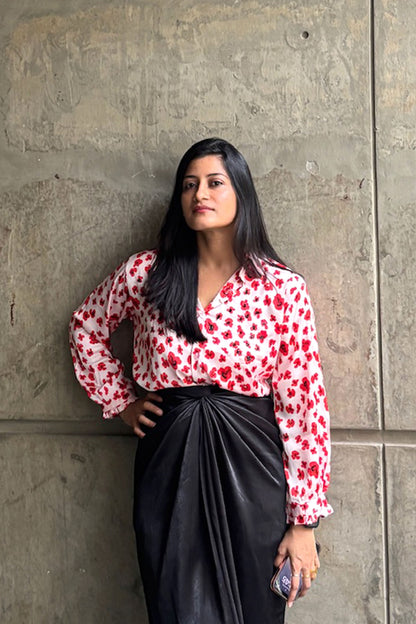 Poppy Red Floral Satin Shirt with Handwork