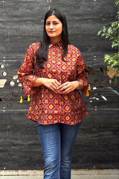 Baawri Maroon Chanderi Printed Shirt with Handmade Tassel Detail | Bindigasm