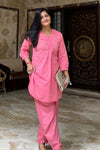 Pink Handloom Kurta Set – Beaded Neckline with Afghani Pants