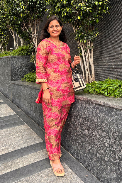 Kiara Co-ord Set – Rani Pink Floral Kurta with Sequin Jute Lace & Matching Palazzos (2-Piece Set)