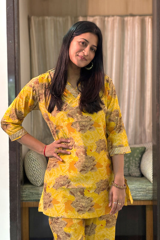 Kiara Co-ord Set – Yellow Floral Kurta with Sequin Jute Lace & Matching Palazzos (2-Piece Set)