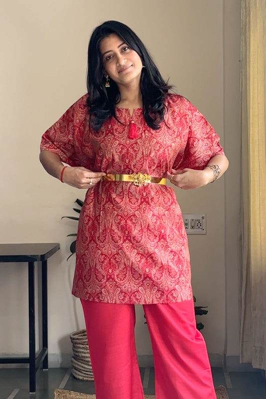 Kulfi Co-ord Set – Red Paisley Kaftan with Pearl Detail & Solid Pants (2-Piece Set)