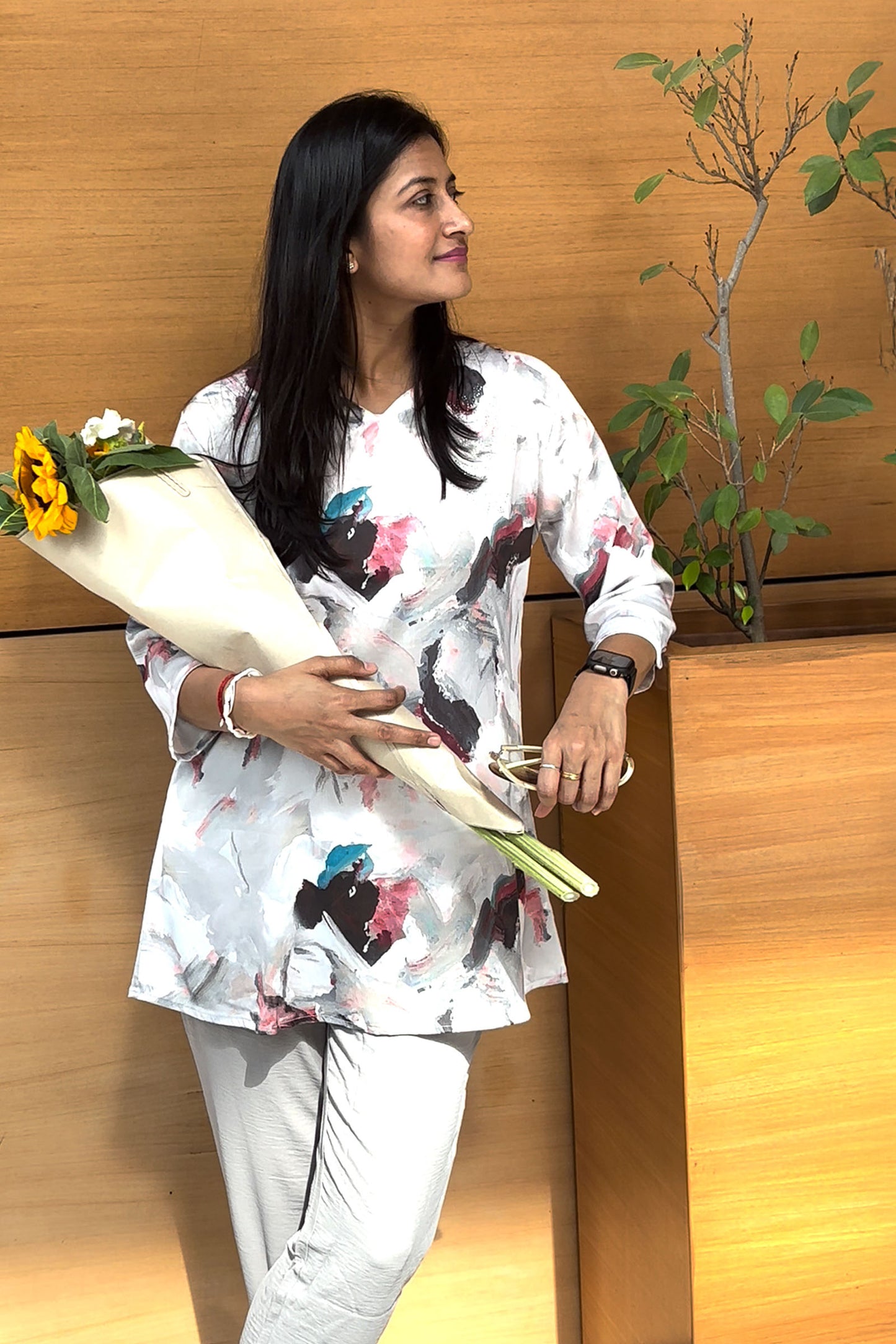 Grey Swarovski Tunic Co-ord – Printed Casual Set with Straight Pants