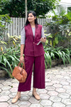 Asmi Linen Jacket Co-ord Set – Maroon with Paperbag Trousers | Bindigasm