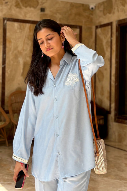 Powder Blue Silk-Denim Co-ord Set – Embroidered Shirt & Relaxed Pants