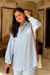 Powder Blue Silk-Denim Co-ord Set – Embroidered Shirt & Relaxed Pants
