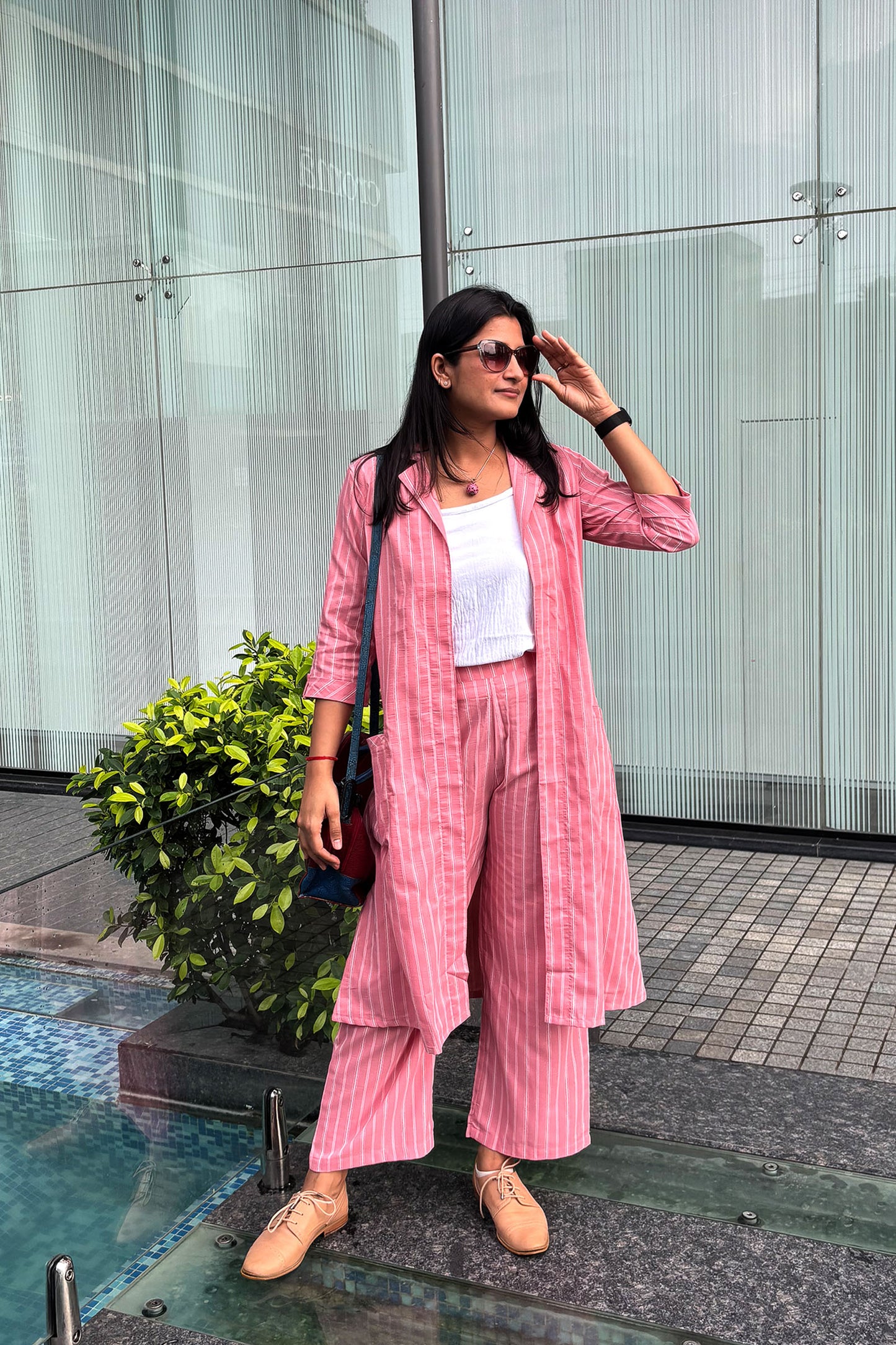 Raahi Blush Peach Jacket Co-ord Set – 3-Piece with Spaghetti Top & Striped Flared Pants