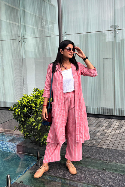 Raahi Blush Peach Jacket Co-ord Set – 3-Piece with Spaghetti Top & Striped Flared Pants