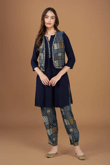 Afreen Afghani Set – Navy Kurta, Printed Dhoti Pants & Embellished Vest (3-Piece Set)