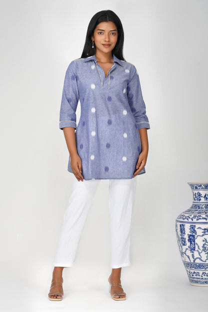 Blue Buti Cotton Co-ord Set – Shirt Collar Tunic with White Relaxed Pants