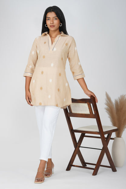 Khaki Buti Handloom Co-ord Set – Shirt Collar Tunic with White Pants