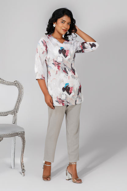 Grey Swarovski Tunic Co-ord – Printed Casual Set with Straight Pants