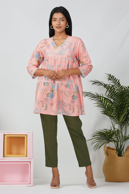 Peach Foliage Peplum Co-ord Set – Printed Cotton Top with Moss Green Pants