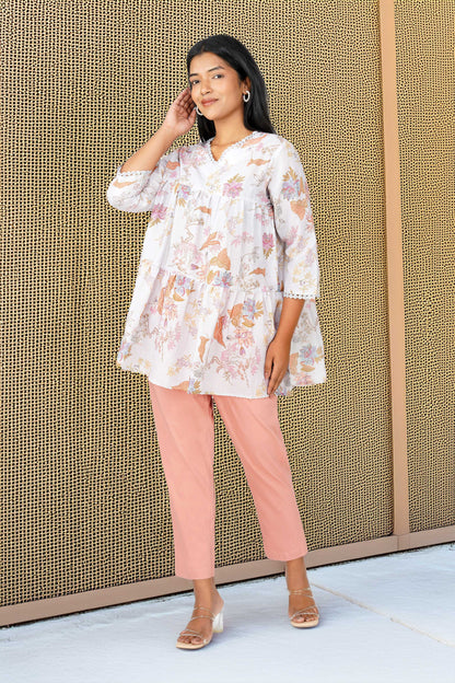 Grey Foliage Peplum Co-ord Set – Tiered Cotton Top with Moss Green Pants