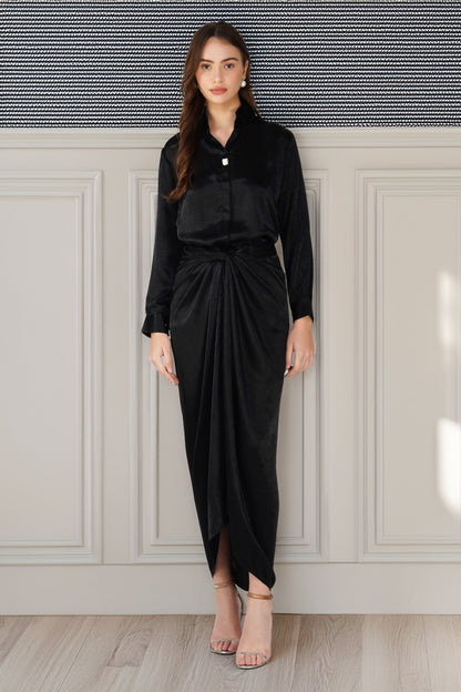 Nura Drape Skirt Co-ord – Black Velvet-Finish Satin Shirt, Wrap Skirt & Lining (3-Piece Set)
