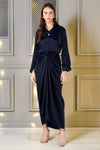 Nura Drape Skirt Co-ord – Navy Blue Velvet-Finish Satin Shirt, Wrap Skirt & Lining (3-Piece Set)