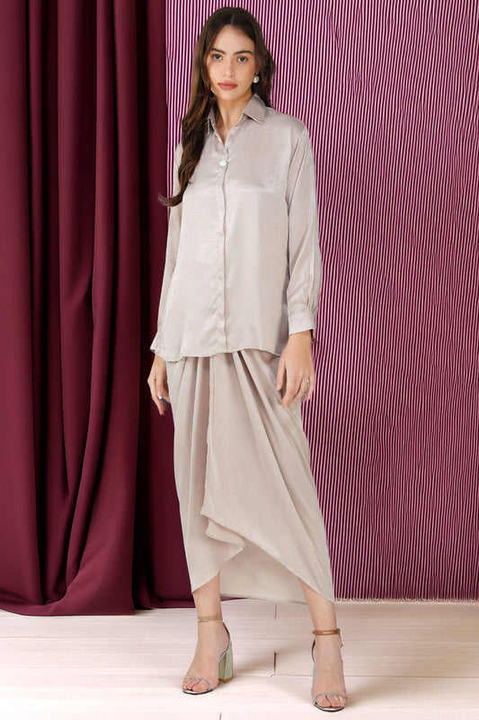 Silk Drape Shirt Skirt Set Cream