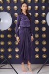 Nura Drape Skirt Co-ord – Eggplant Purple Velvet-Finish Satin Shirt, Wrap Skirt & Lining (3-Piece Set)