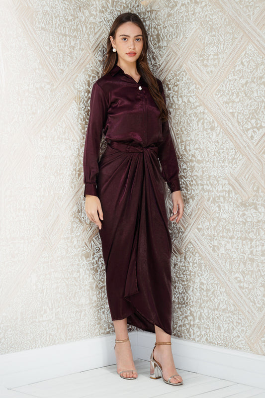 Nura Drape Skirt Co-ord – Wine Velvet-Finish Satin Shirt, Wrap Skirt & Lining (3-Piece Set)
