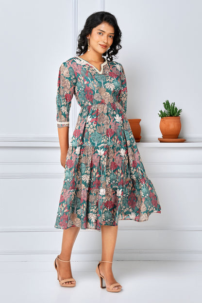 Eva Green Forest Print Cotton Blend Tier Midi Dress